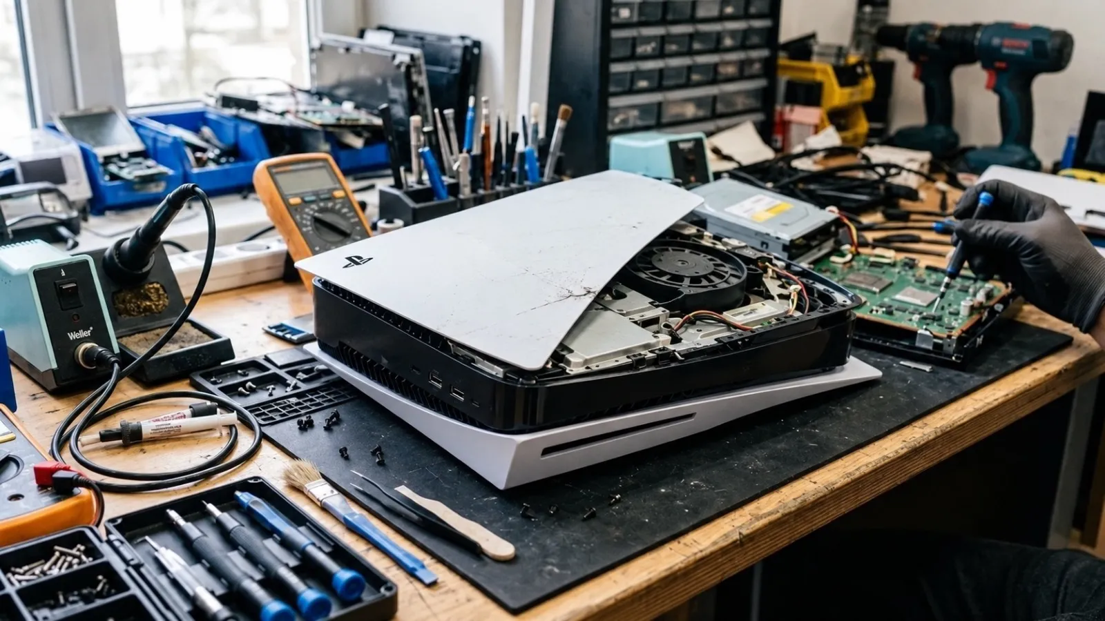 A PS5 opened up on a repair bench next to its motherboard